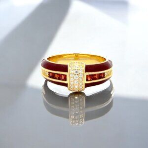 Princess Cut Garnet and Lab Diamond Red Enamel Ring